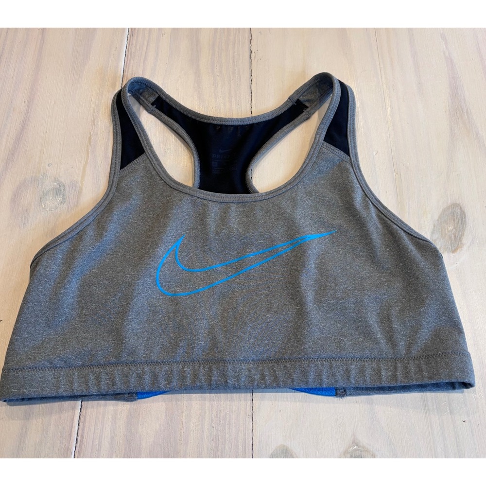 Nike Dri-Fit Sports Bra Womens XS Gray Blue‎ Swoosh Racerback Criss-Cross Back